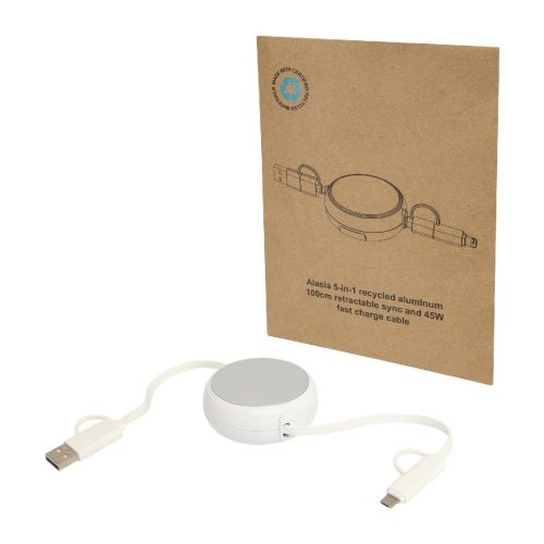  - Cable retráctil 5 en 1 de 100 cm de plástico reciclado y aluminio para sincronización de datos y carga rápida de 45 W "Alasia