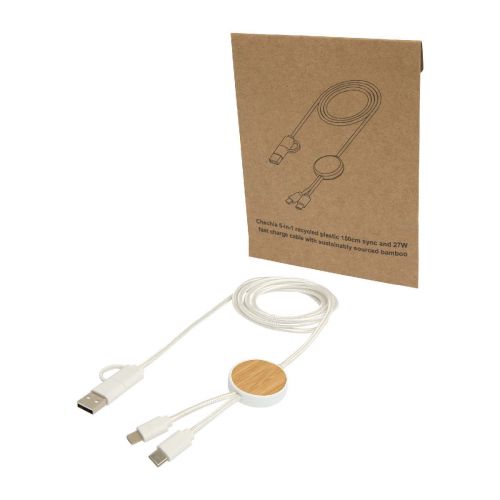 W - Cable 5 en 1 de plástico reciclado de 150 cm para sincronización de datos y carga rápida de 27  con detalles de bambú "Chech