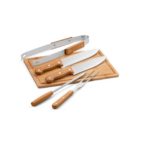 FLARE - Conjunto de 5 utensilios para barbacoa y tabla de bambú. Hecho en madera y acero inoxidable
