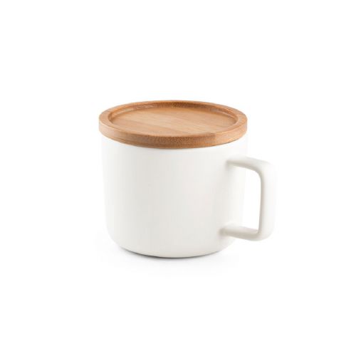 FANGIO - Taza de cerámica con tapa y base de bambú de 220 mL