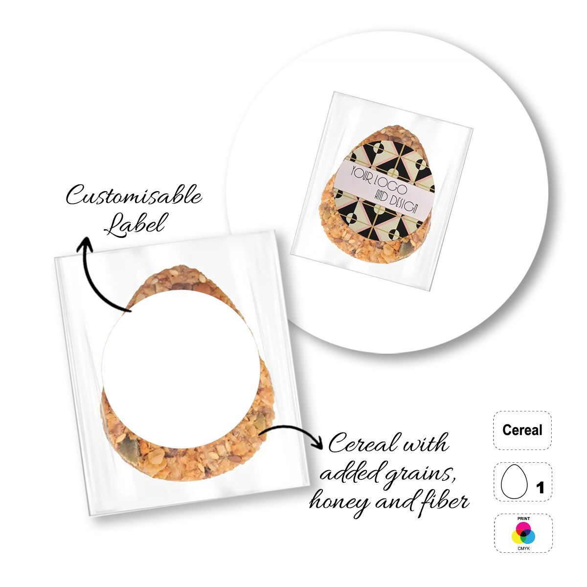 CEREAL4MAT - barrita de cereales, diferentes formas, 55x70 mm (etichetta diametro 40mm) | GL811103D