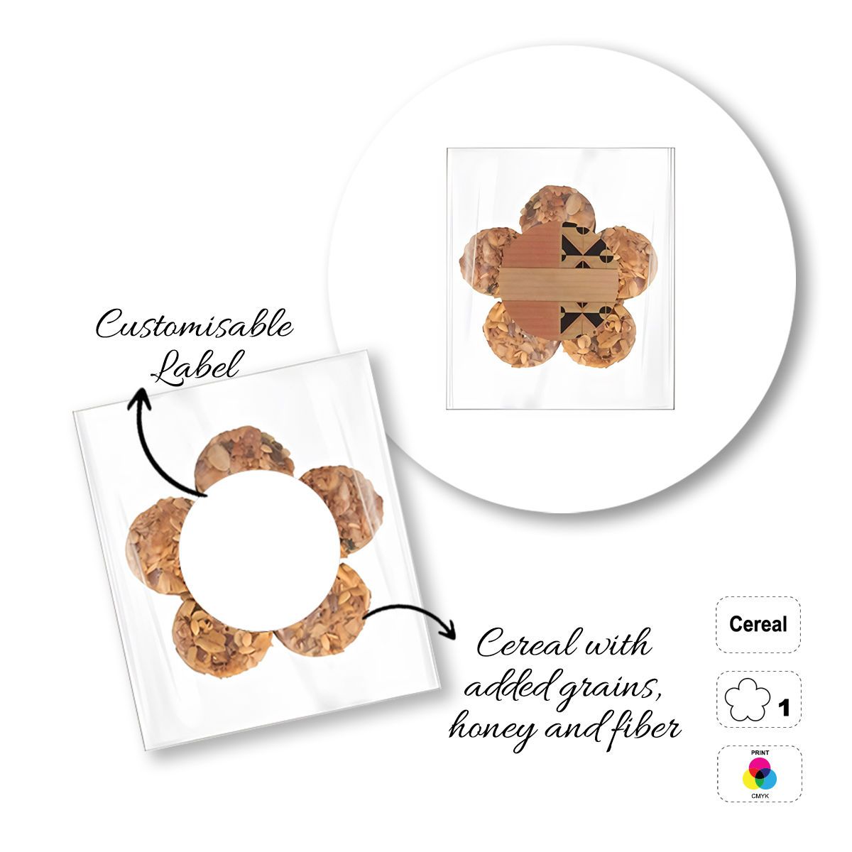 CEREAL4MAT - barrita de cereales, diferentes formas, 64x64 mm (etichetta diametro 40mm) | GL811103E