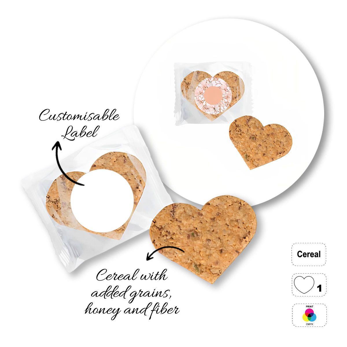 CEREAL4MAT - barrita de cereales, diferentes formas, 80x60 mm (etichetta diametro 40mm) | GL811103F