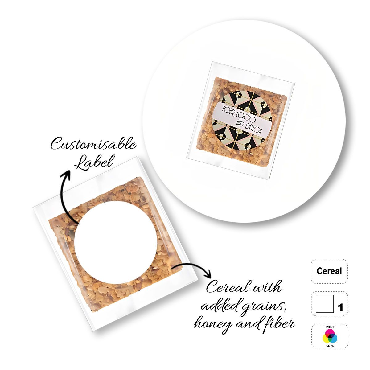 CEREAL4MAT - barrita de cereales, diferentes formas, 65x65 mm (etichetta diametro 50mm) | GL811103G