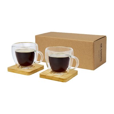 MANTI -Dos tazas de vidrio de doble pared de 100 ml con posavasos de bambú 