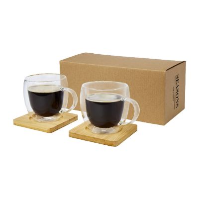 MANTI -Dos tazas de vidrio de doble pared de 250 ml con posavasos de bambú 