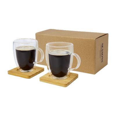 MANTI -Dos tazas de vidrio de doble pared de 350 ml con posavasos de bambú 