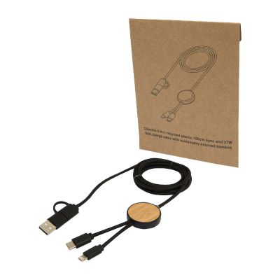 W -Cable 5 en 1 de plástico reciclado de 150 cm para sincronización de datos y carga rápida de 27 con detalles de bambú