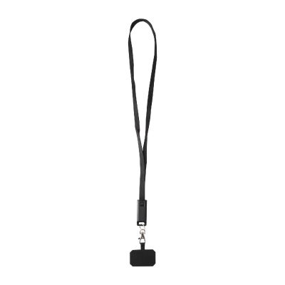 SMARTLANYARD SYNC -Lanyard de plástico reciclado para smartphone con sincronización de datos integrada y cable 5 en 1 de carga rápida de 65 W