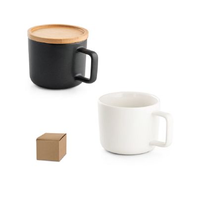 FANGIO - Taza de cerámica con tapa y base de bambú de 220 mL