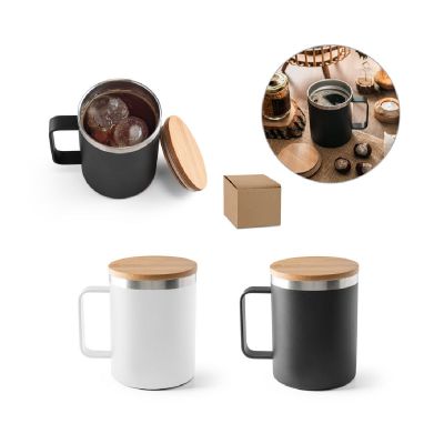 LAUDA - Taza de acero inoxidable 90% reciclado con tapa de bambú 420 mL