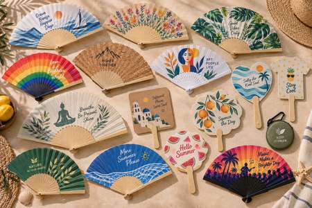 Abanicos personalizados de distintos modelos y materiales con diseños variados