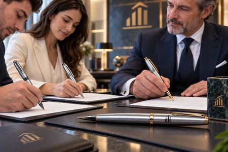 Bolígrafos roller personalizados usados para firmar documentos en un banco