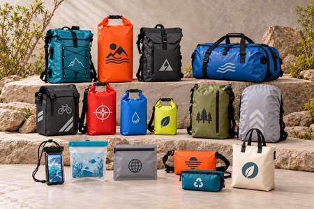 Modelos de bolsas impermeables personalizadas en distintos colores y tamaños.