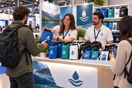 Stand de feria con bolsas impermeables personalizadas expuestas a los visitantes.