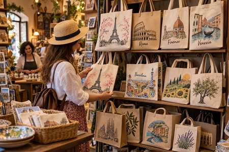 Bolsas shopper personalizadas expuestas en una tienda de souvenirs