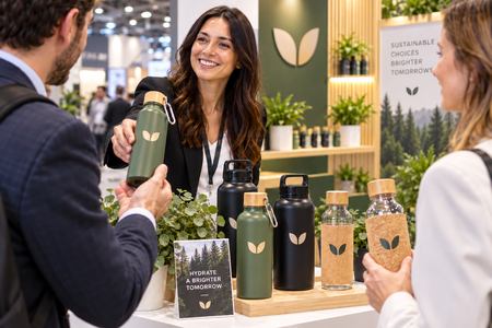 Botellas personalizadas entregadas a visitantes en una feria