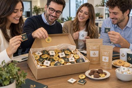 Chocolates personalizados compartidos entre compañeros en la oficina