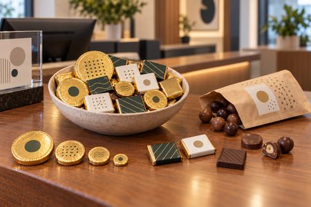 Chocolates personalizados en varios formatos sobre un mostrador de recepción