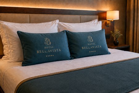 Cojines personalizados Hotel Bellavista sobre una cama de hotel