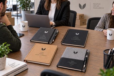 Cuadernos y libretas personalizados sobre un escritorio de oficina