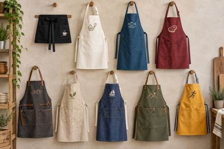 Nueve delantales personalizados de distintos modelos, colores y materiales con motivos temáticos.