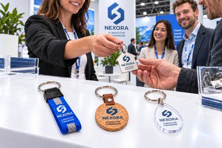 Llaveros personalizados de empresa entregados en una feria