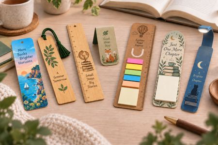 Marcapáginas personalizados de distintos modelos y materiales sobre una mesa