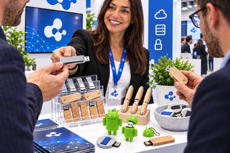 Memorias USB personalizadas en un stand de feria tecnológica