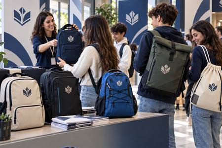 Mochilas personalizadas entregadas durante una jornada de puertas abiertas universitaria