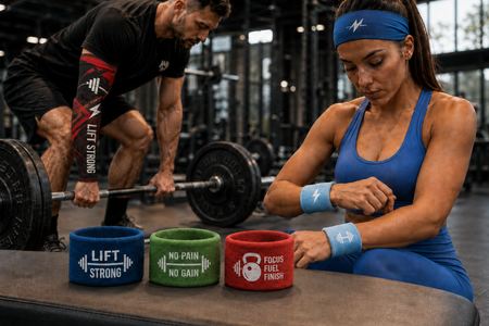 Atletas en el gimnasio con muñequeras personalizadas, cinta y manguito