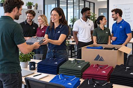 Empleados recibiendo polos personalizados en la empresa