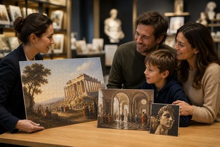 Familia en un museo con puzzles personalizados de cuadros y monumentos