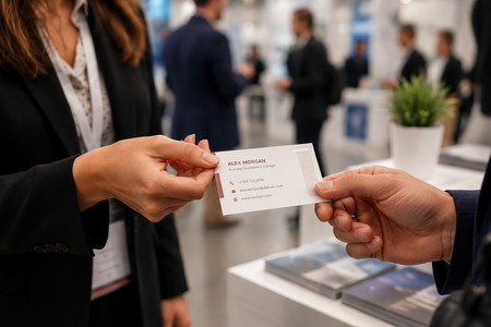 Entrega de tarjetas de presentación personalizadas en una feria