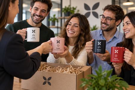 Tazas personalizadas regaladas a empleados en la oficina